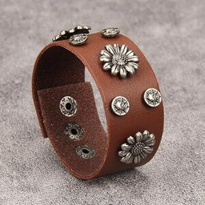 Leather Cuff Bracelet with Daisy Flowers Adjustable Goes with Anything